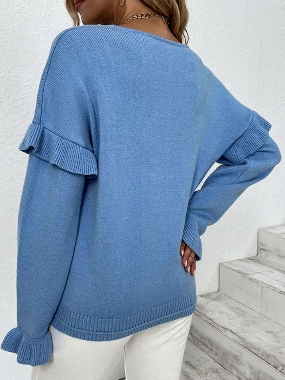 Layered Flounce Sleeve V-Neck Sweater