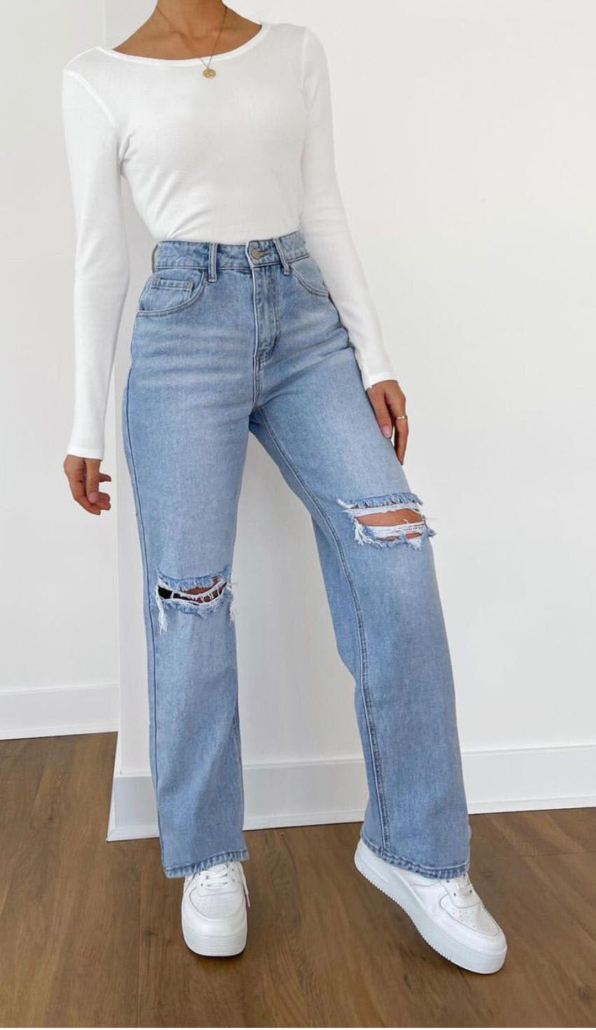 Women Clothing High Waist Loose Street Washed Straight Ripped Denim Trousers Non-Elastic Retro Drape Slightly Flared