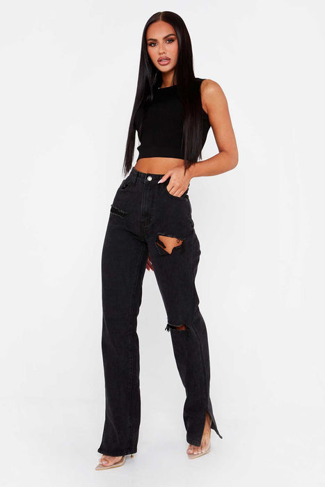 High Waist Straight Slimming Cool Black Denim Trousers Mop Hem Split Smooth Micro-Flared Pants Women Clothing