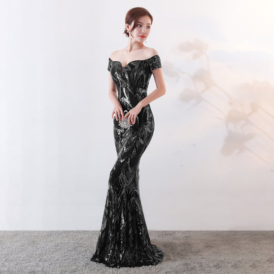Off the Shoulder Gown Long Fish Tail Sequined Evening Dress Slim Fit Slimming Dress