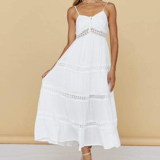 Sundress Spring New Fashion Simple V neck Chest Lace up White A line Dress Women