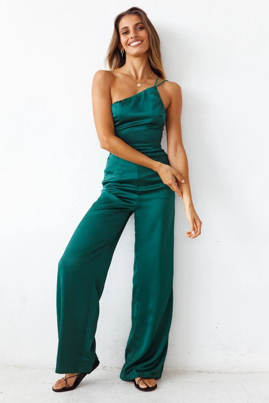 Spring New Fashion Elegant One Shoulder Collar Belt Free Green Wide Leg Office   for Women Jumpsuit