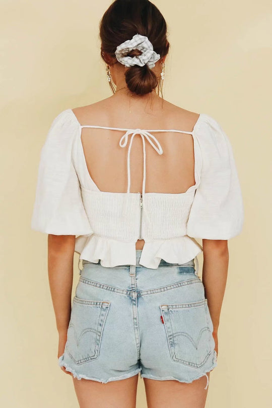Spring Summer Square Collar Front Chest Knotted Short Top Puff Sleeve Hem Ruffled Cropped Shirt
