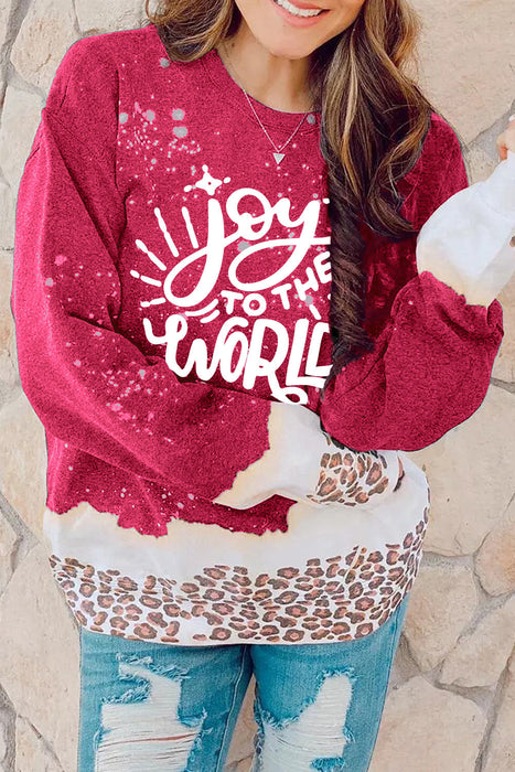 Red Joy To The World Leopard Print Loose Graphic Sweatshirt