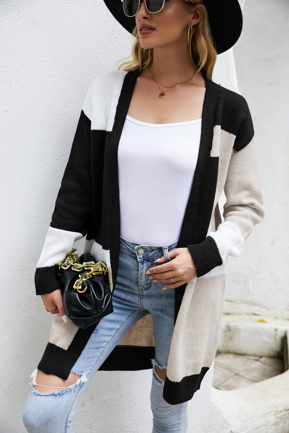 Color Block Ribbed Trim Open Front Cardigan