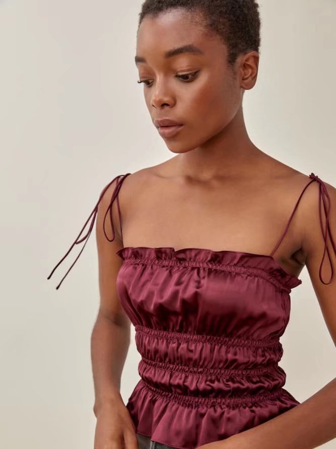 Amoi French Retro Elastic Waist-Tightening Silk Satin Texture Spaghetti Straps Chest Wrap Women Outer Vest Women Top Tie Strap