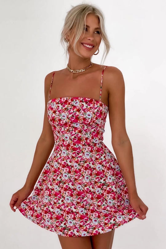 Spring New Women Clothing Suspender Floral Printed Waist-Controlled Slimming Cami Dress Short
