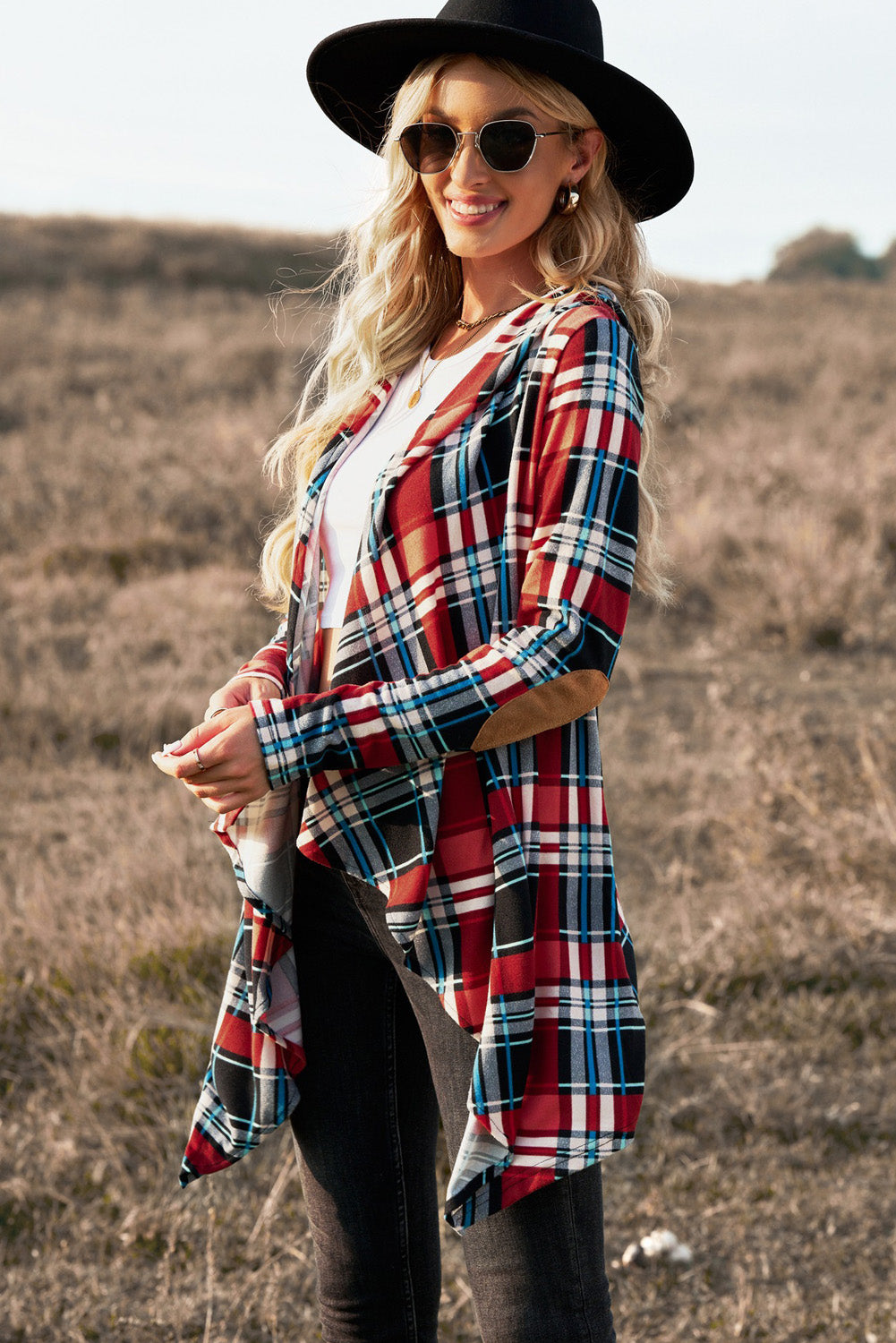 Plaid Elbow Patch Hooded Open Front Top