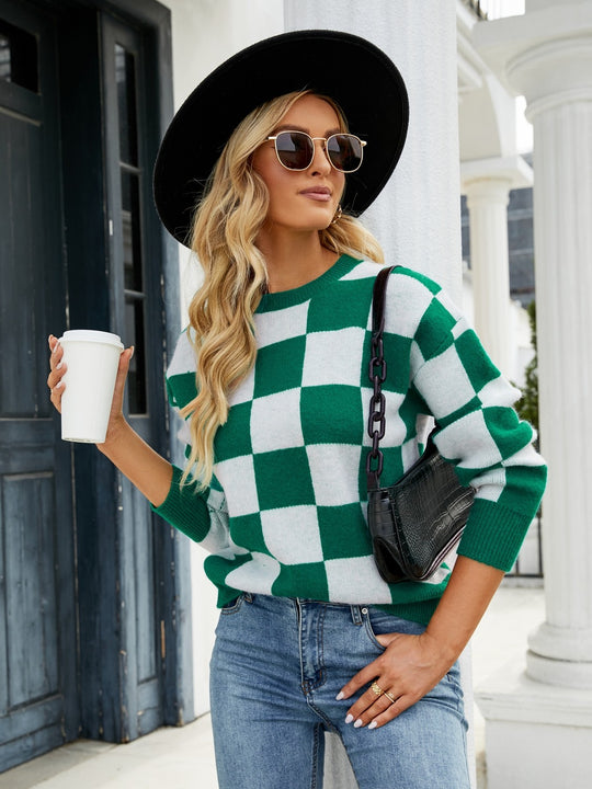 Checkered Dropped Shoulder Round Neck Sweater