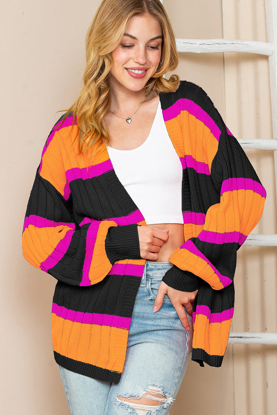 Orange Stripe Print Ribbed Knit Sweater Cardigan