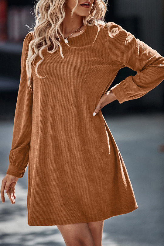 Chestnut Solid Color Puff Sleeve Ribbed Mini Dress