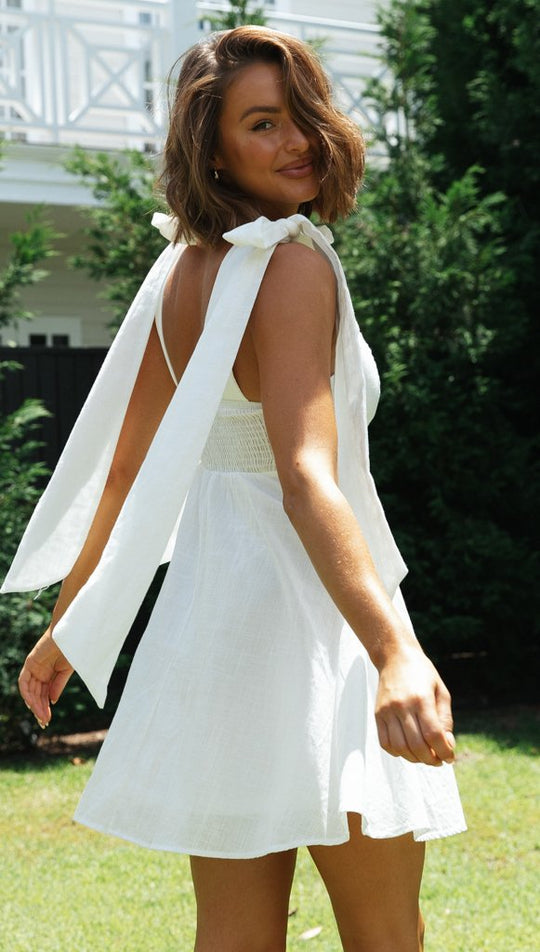 Sundress Women Clothing Shoulder Lace-up Slimming Solid Color Short Dress Shoulder Bow Tie Strap