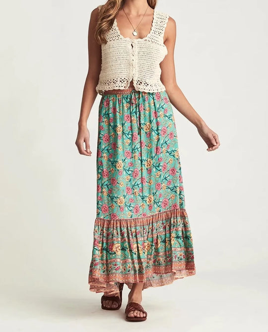 Fall Women Clothing All-Matching Slimming Rose Positioning Printing Elastic Waist Skirt Bohemian