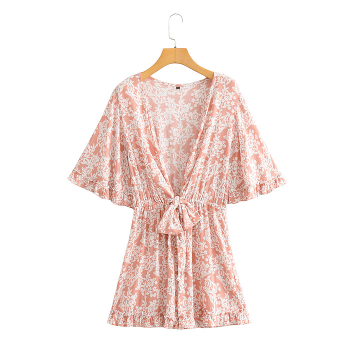 Autumn Seaside Holiday Floral Print Batwing Sleeve V neck Lace up Three Color Romper