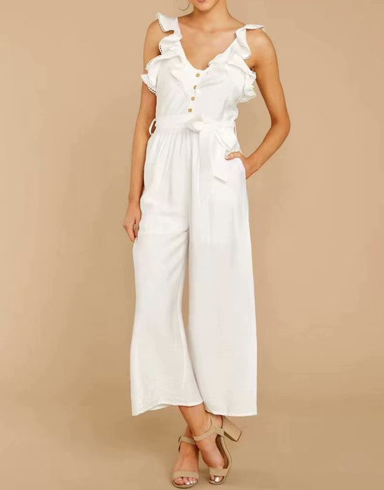 Spring Summer V-neck Sleeveless Fitted Waist  Ruffled Front Row Buttons Drawstring Casual Jumpsuit