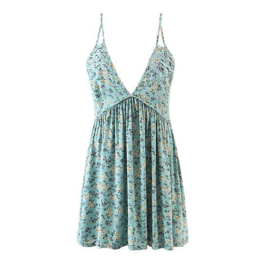 Spring Summer V-neck Brace Sleeveless Rayon Printed Dress High Waist Wooden Ear