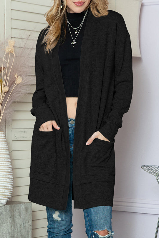 Black Ribbed Knit Pocketed Open Front Long Cardigan
