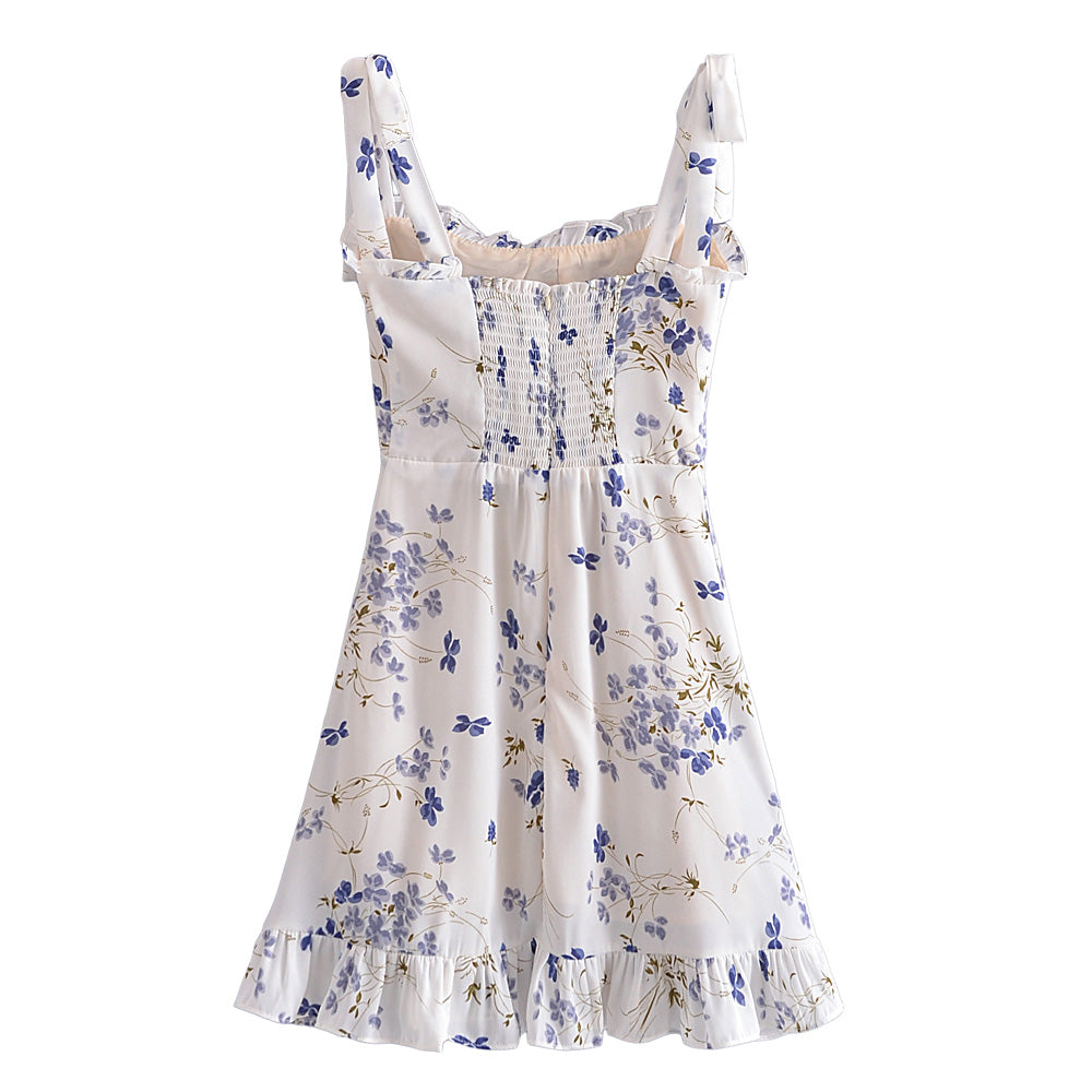 Summer Little Fresh Floral Slim-Fitting Stringy Selvedge Lace-up Dress Tie Strap