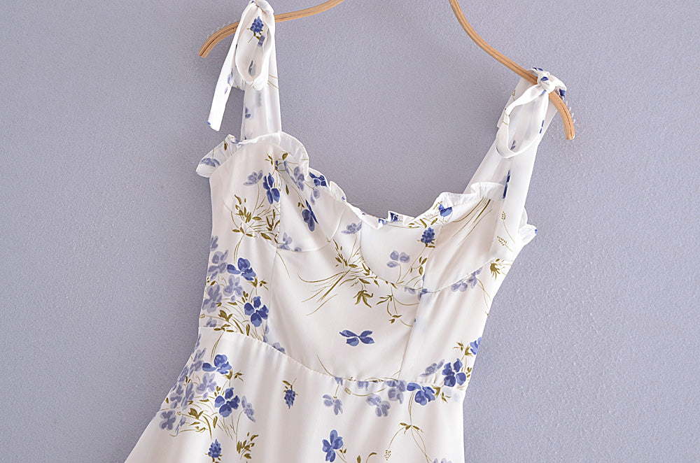 Summer Little Fresh Floral Slim-Fitting Stringy Selvedge Lace-up Dress Tie Strap