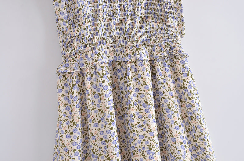 Pastoral Waist Elastic Design Floral Dress Women Summer Short A- line Tie Strap