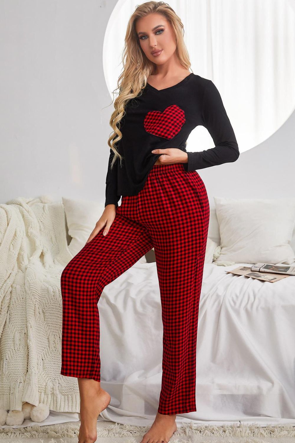 Plaid Heart Graphic V-Neck Top and Pants Lounge Set