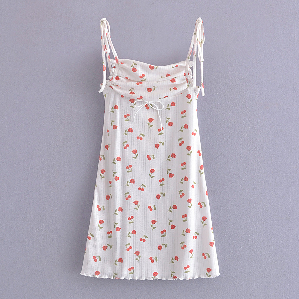 Knitted Cherry Printing Slip Dress Summer off Neck Slimming Hip