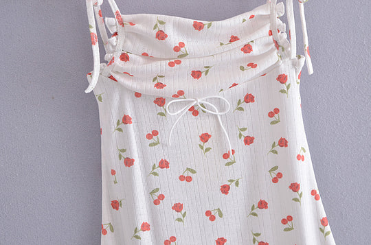 Knitted Cherry Printing Slip Dress Summer off Neck Slimming Hip