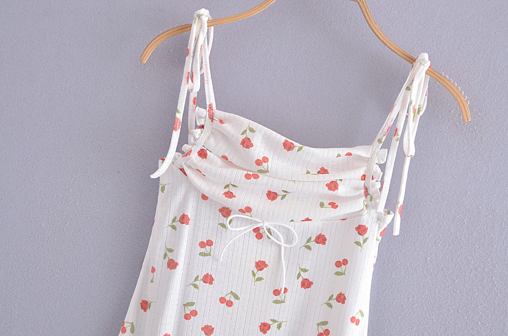 Knitted Cherry Printing Slip Dress Summer off Neck Slimming Hip