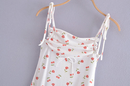 Knitted Cherry Printing Slip Dress Summer off Neck Slimming Hip