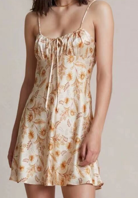 Fresh Printed Backless Slip Dress Sweet Waist Trimming Women Dress Spring Summer Slim-Fit Tie-Shoulder Floral Dress
