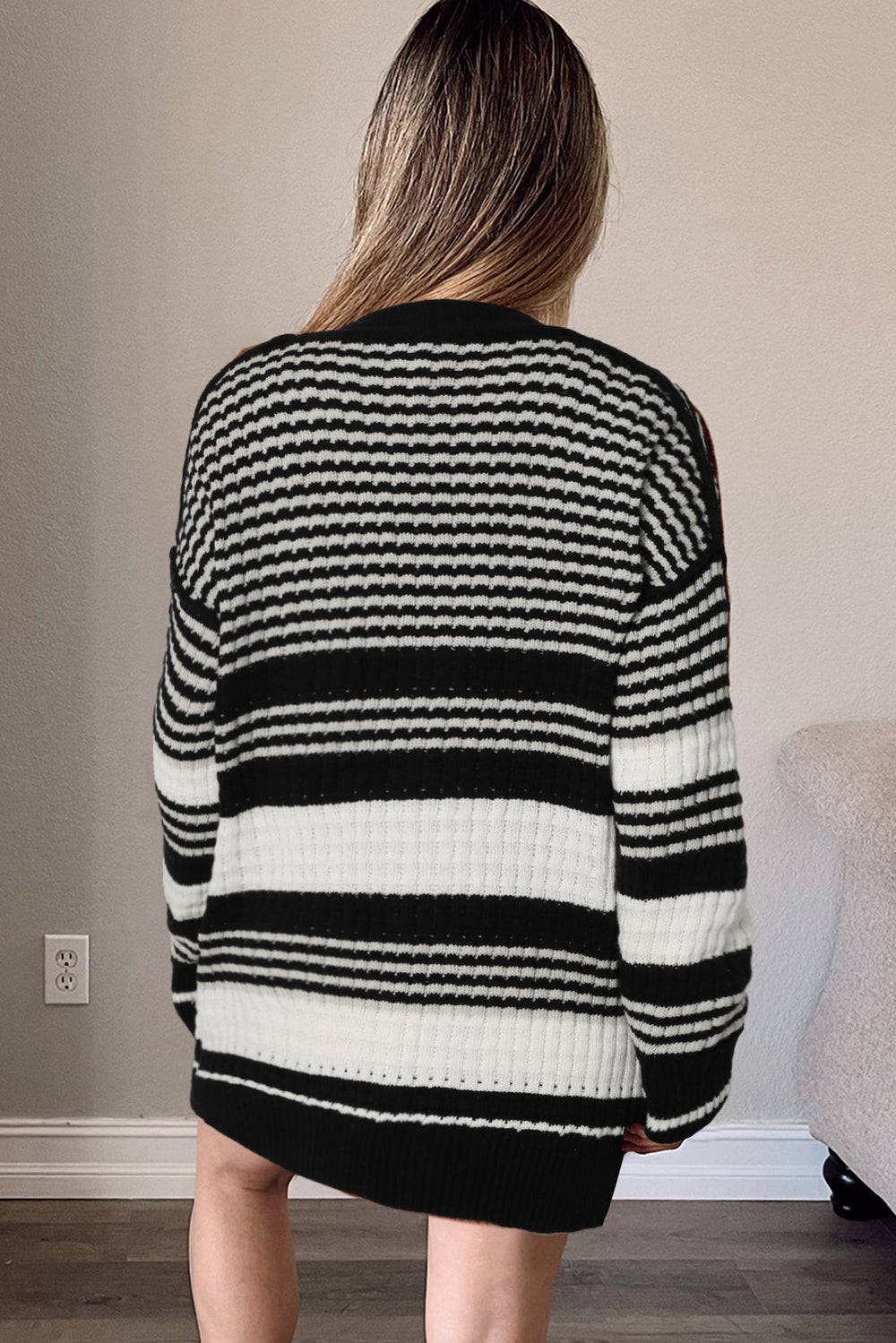 Black Striped Textured Knit Buttoned Cardigan
