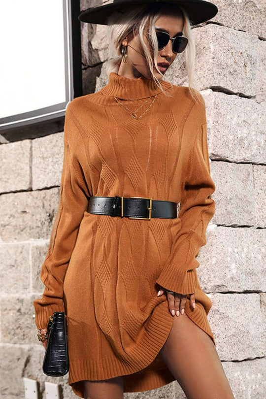 Cable-Knit Turtleneck Sweater Dress (Belt Not Included)