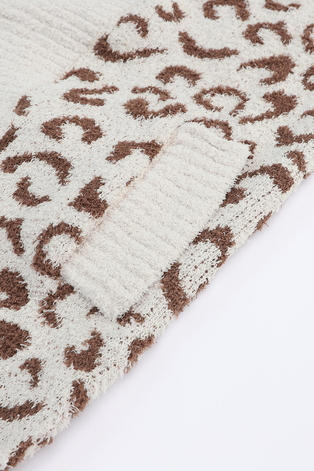 Khaki Fuzzy Leopard Ribbed Trim Pockets Lapel Collar Cardigan