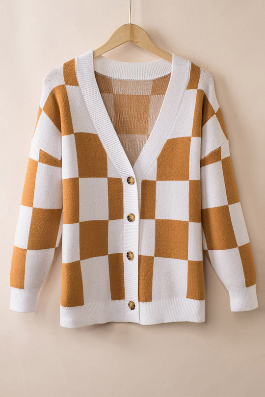 Brown Colorblock Plaid Ribbed Knit Button Up Cardigan