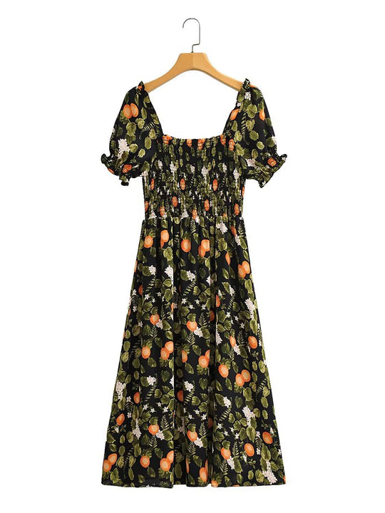 Summer Women Clothing Square Collar Short Sleeve Elastic Waist Mid Length Printed Dress for Women