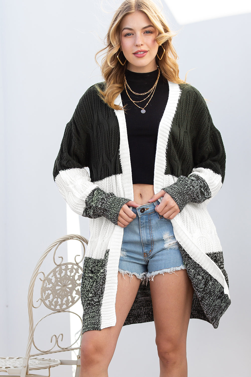Multicolour Colorblock Textured Cable Knit Open Front Cardigan
