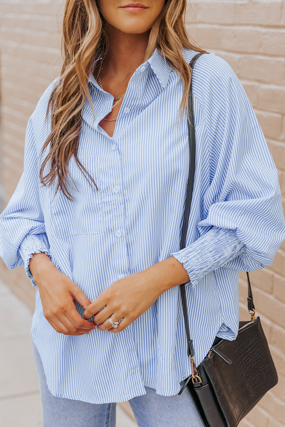 Striped Button Front Smocked Shirt