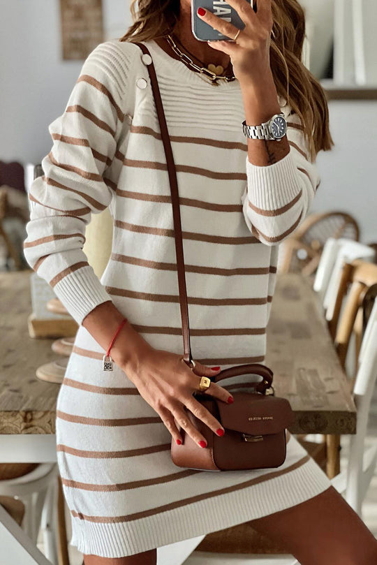 Stripe Button Ribbed Detail Short Sweater Dress