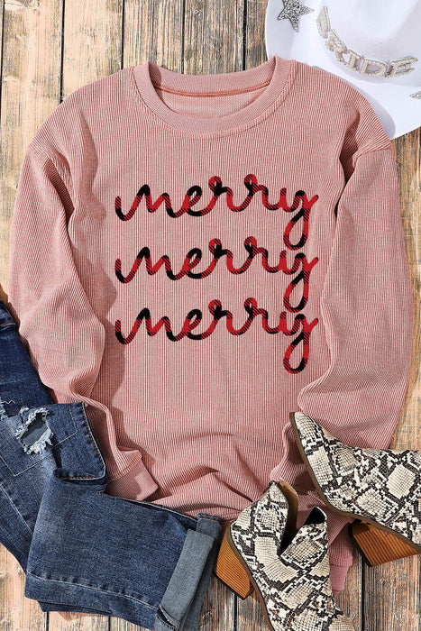 Pink Corded merry Printed Drop Shoulder Graphic Sweatshirt
