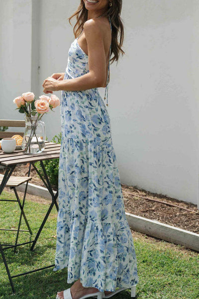 Halter Floral Print Chiffon Maxi Dress