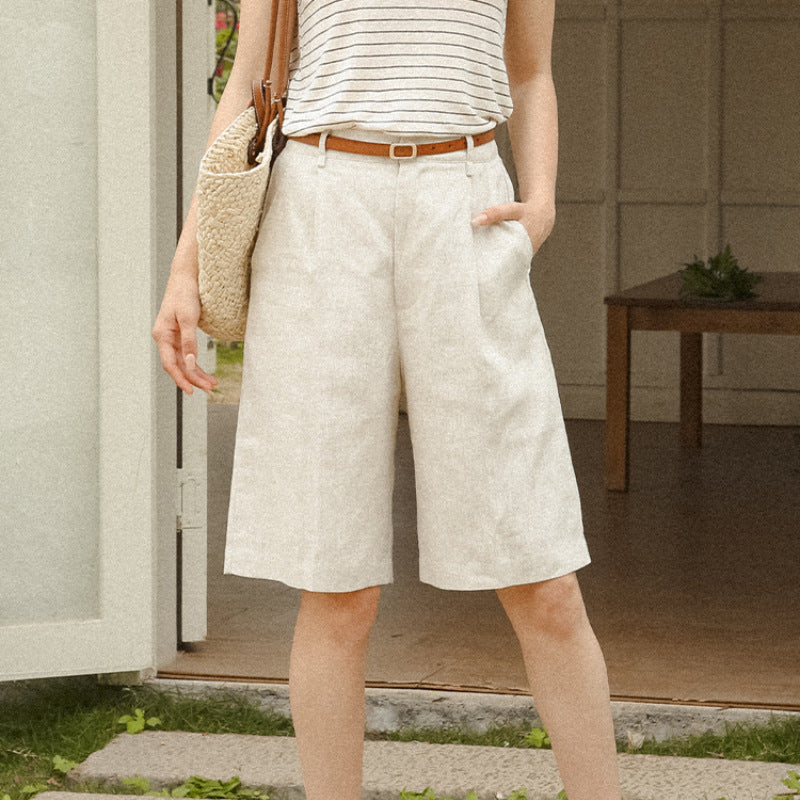 Cotton Linen Cropped Pants Summer Stone Washed Pure Linen High Waist Slimming Bermuda Shorts Office