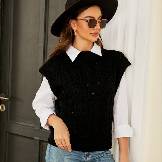 Knitted Top Autumn Winter Wild Knitted Woolen Vest Outer Wear Bandage Dress Round Neck Sleeveless Sweater