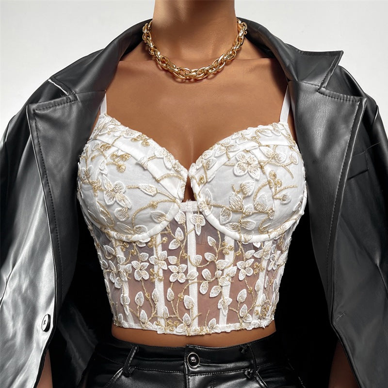 Embroidery Floral Waist Sexy Mesh See through Small Vest Female Boning Corset Boning Corset Corset