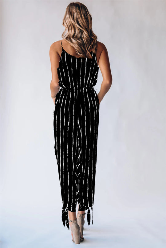 Spring Summer Popular Sexy V neck Strap Lace up Striped Jumpsuit