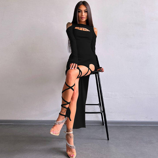 Sexy Leggings Split Dress Autumn Women  Clothing Solid Color Long Sleeve Hollow Out Cutout Dress