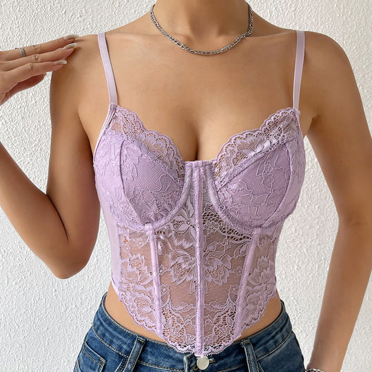 Sexy Lace Steel Ring Diamond Boning Corset Cropped See through Sexy Decoration Vest for Women