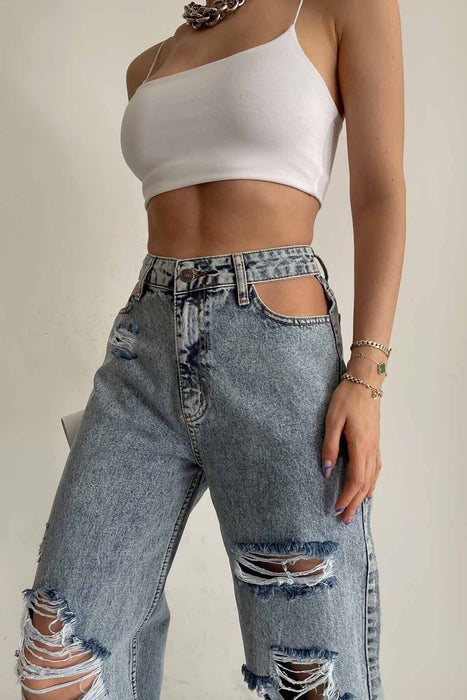 Ripped Jeans for Women  Summer Retro Street Straight Mop Pants Trendy