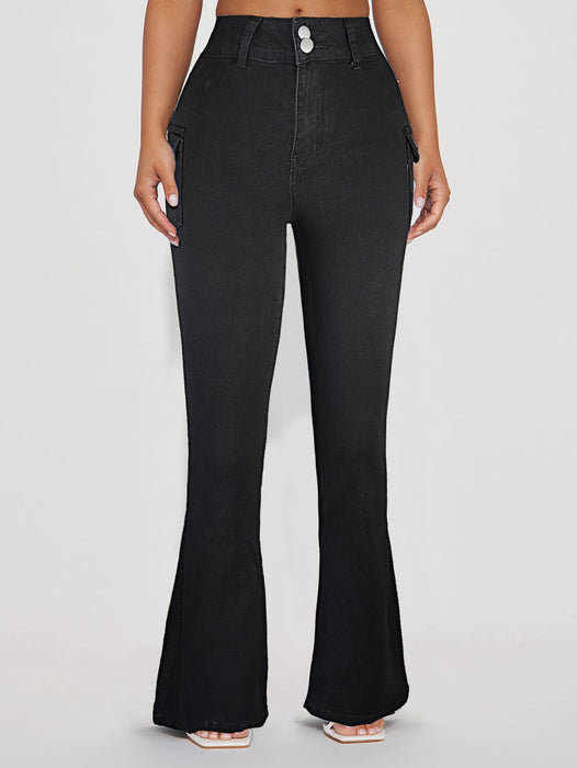 Women Wear High Waist Double Button Slim Jeans Bootcut Trousers