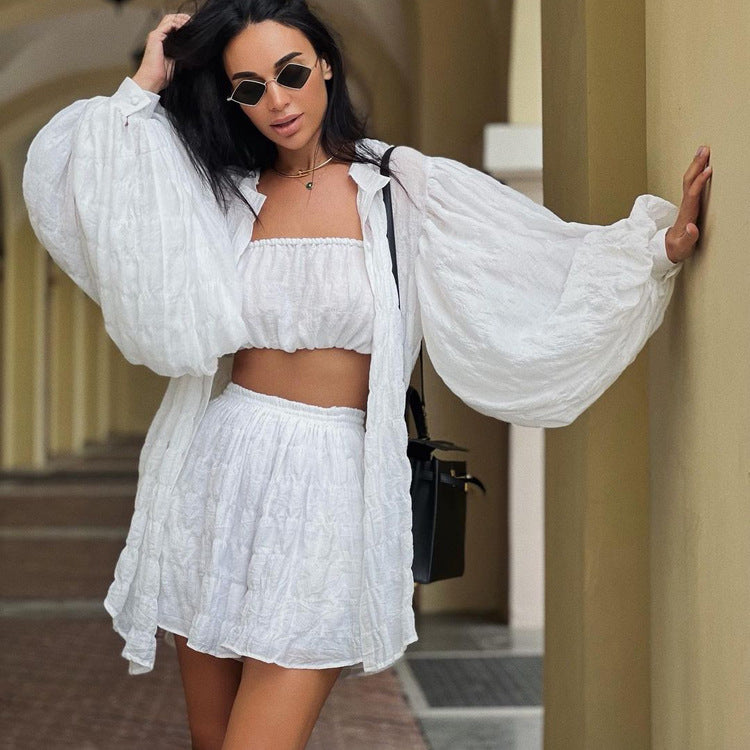 Women Clothing Summer Long Sleeved White Shirt Loose Outfit Tube Top High Waist Shorts Three Piece Set