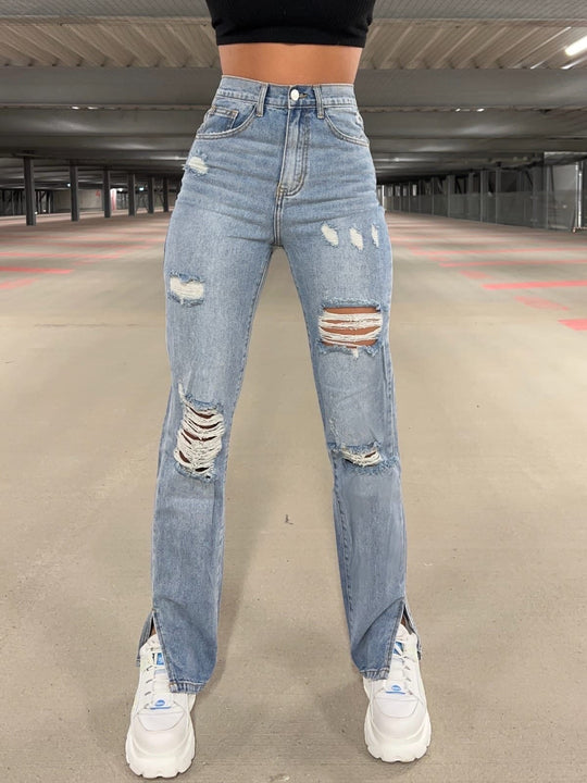Spring Summer Urban Casual Washed-out Ripped Straight Jeans